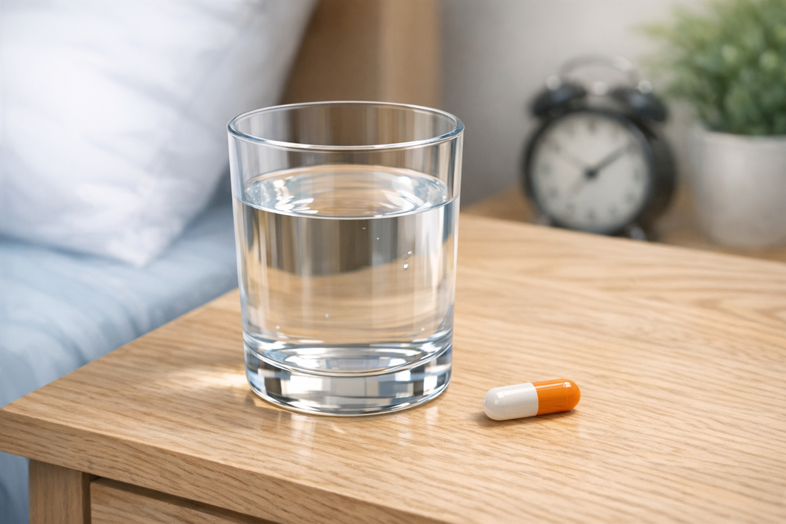 A close-up of a glass of water and a single pill on a nightstand representing morning medication routine.