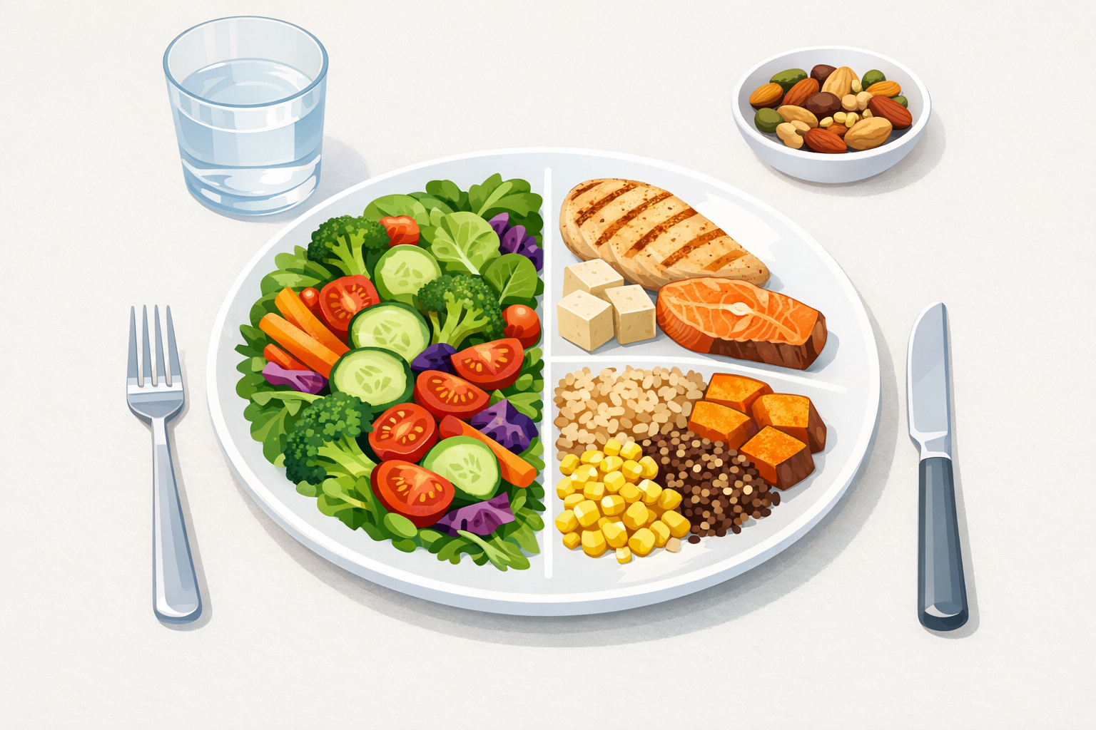 A clear infographic-style illustration showing the diabetes plate method: half the plate filled with non-starchy vegetables, one quarter with lean protein, one quarter with whole grains or starchy foods. Clean, modern design with soft colors. No text labels.