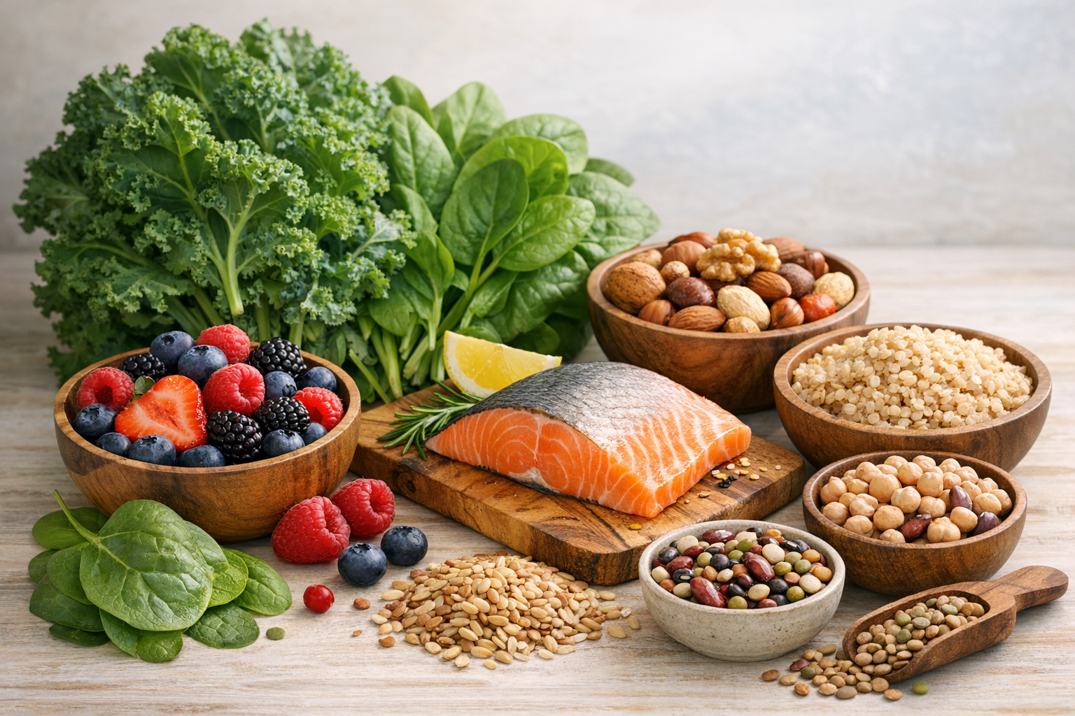 An illustration of common A1C-lowering foods arranged attractively: leafy greens, berries, fatty fish, nuts, whole grains, and legumes. Soft, natural lighting with a health and wellness aesthetic. No text.