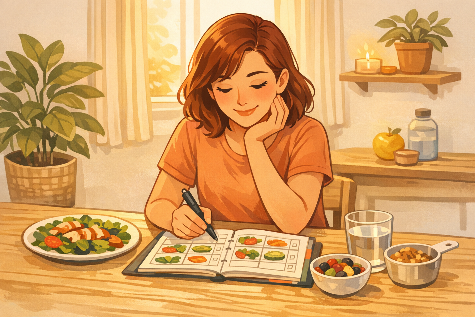 A gentle illustration showing a woman reviewing a meal plan or food journal with a supportive, encouraging atmosphere. Warm colors, clean modern style suggesting empowerment and self-care. No text.