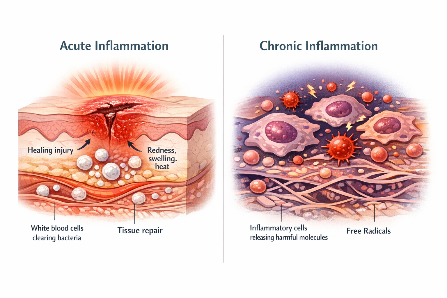 Illustration comparing acute inflammation showing a healing wound with immune cells responding appropriately, versus chronic inflammation showing stressed cells and ongoing immune activation throughout the body