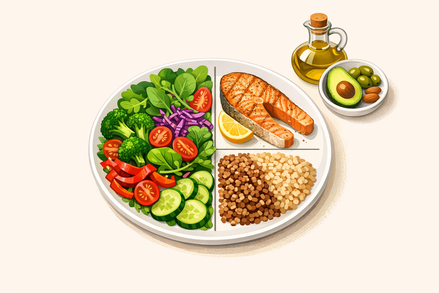 Balanced plate illustration showing half the plate filled with colorful vegetables and leafy greens, one quarter with grilled salmon, one quarter with quinoa, and a small portion representing olive oil drizzled on top