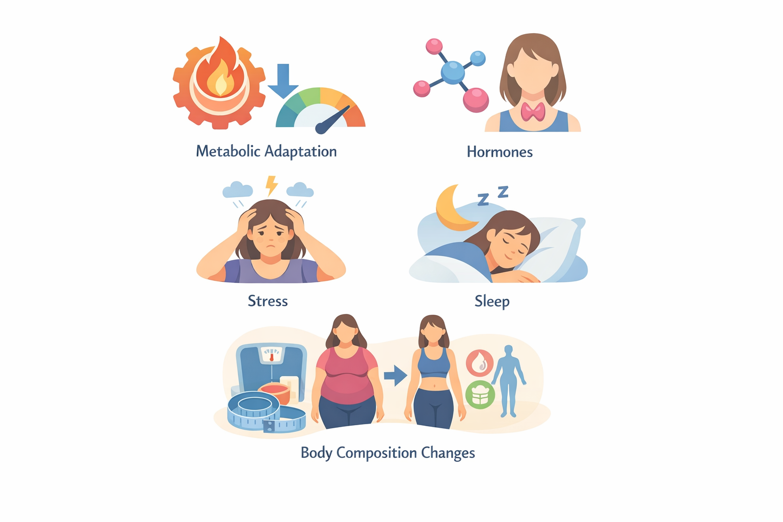 Infographic showing factors that contribute to weight loss plateaus including metabolic adaptation, hormones, stress, sleep, and body composition changes