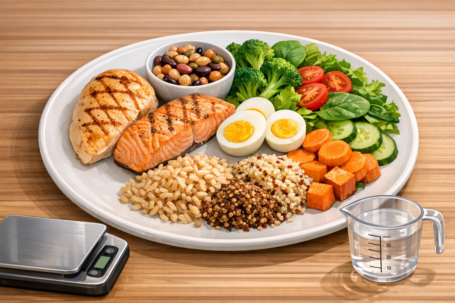 Balanced meal plate showing protein-rich foods, vegetables, and complex carbohydrates with portion awareness