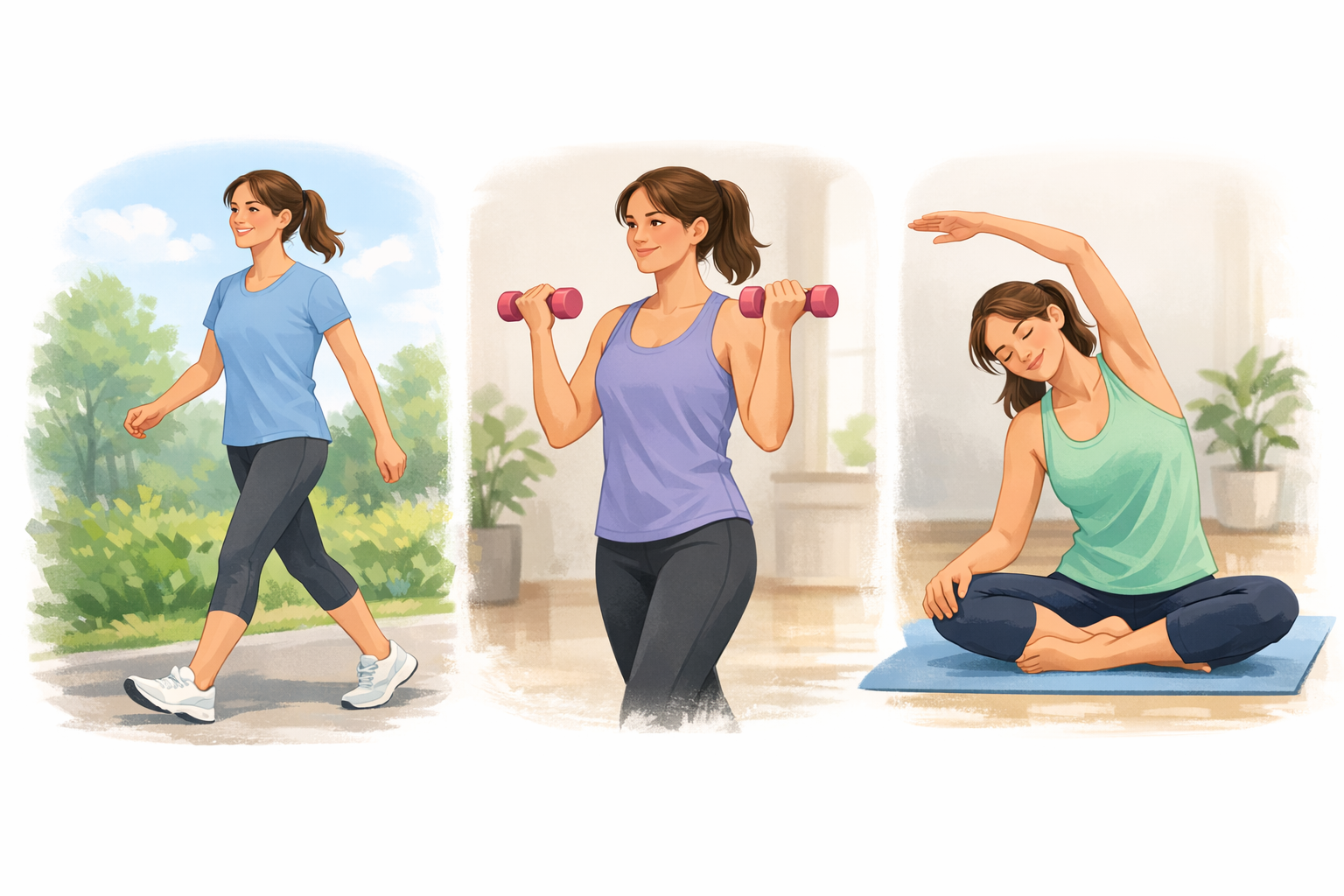 Woman performing various physical activities including walking, resistance training, and stretching