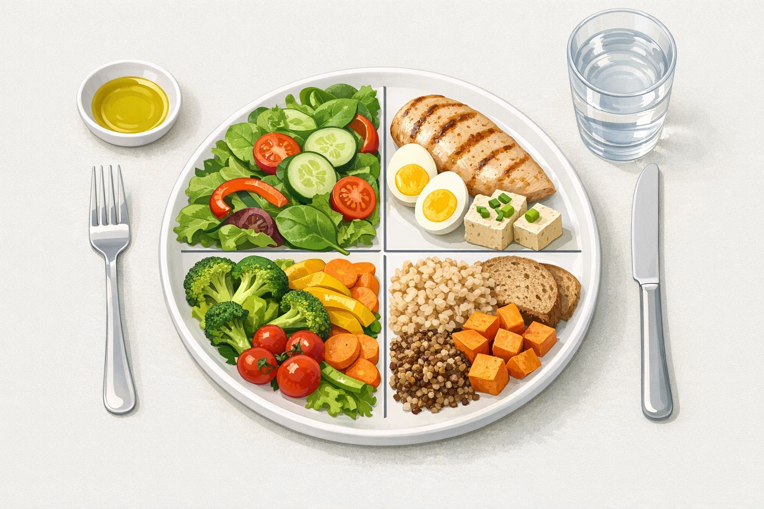 A simple, clear infographic-style illustration showing the diabetes plate method: a dinner plate divided into three sections with vegetables taking up half the plate, protein one quarter, and complex carbohydrates one quarter. Clean, professional medical illustration style with muted, appetizing colors.