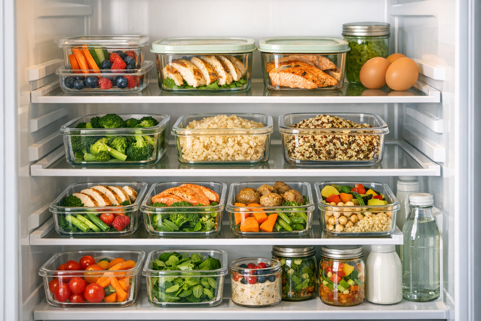 An illustration of a well-organized refrigerator with meal prep containers arranged on shelves, showing pre-portioned vegetables, lean proteins, and whole grains. Clean, modern kitchen aesthetic with soft natural lighting.