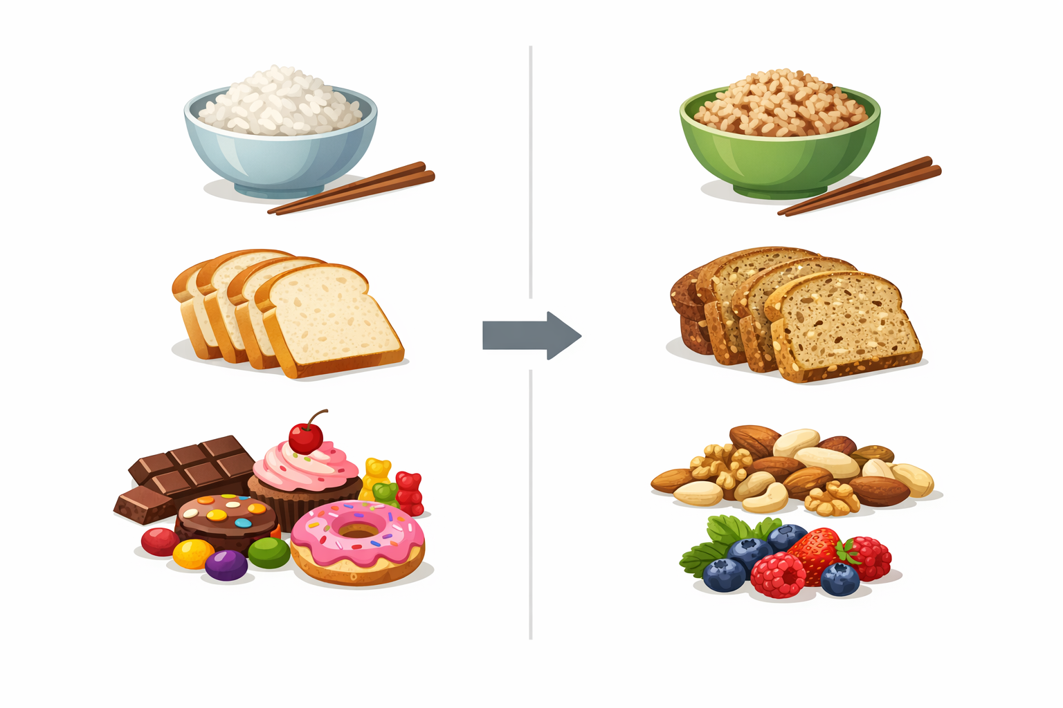 A helpful comparison illustration showing common high-glycemic foods on one side and healthier low-glycemic alternatives on the other side, such as white rice versus brown rice, white bread versus whole grain bread, and sugary snacks versus nuts and berries. Clean, educational style with a supportive, non-judgmental visual tone.