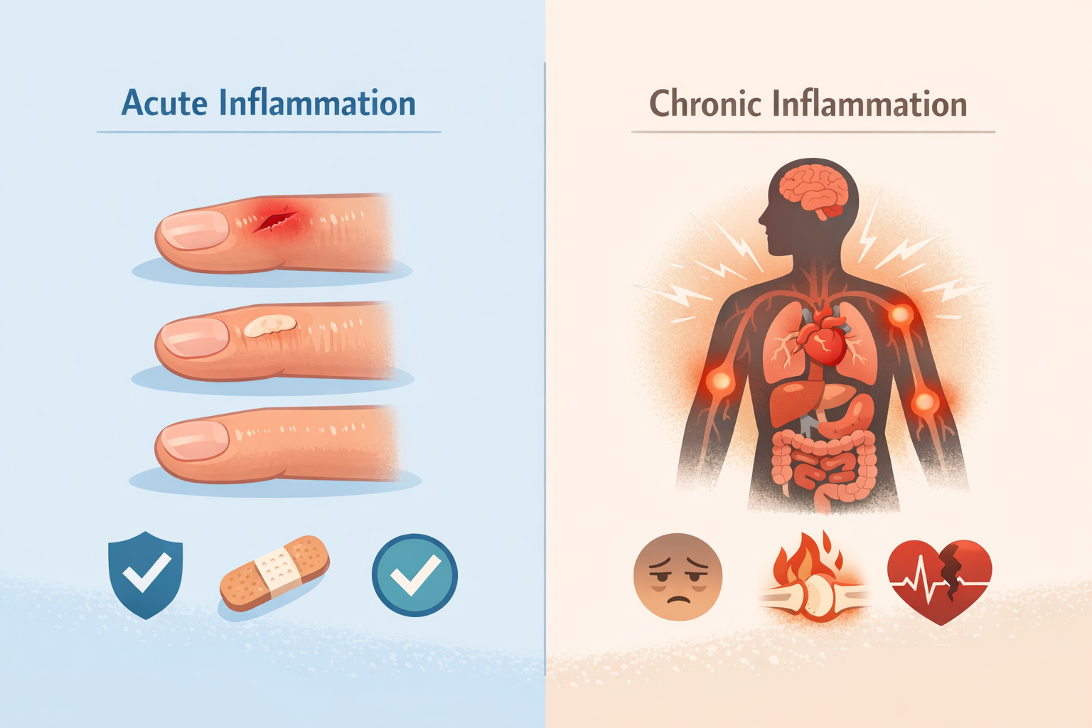 Infografika ukazující rozdíl mezi akutním zánětem (krátkodobá, prospěšná reakce na zranění) a chronickým zánětem (dlouhodobý, škodlivý proces s ikonami reprezentujícími hojící se ránu versus trvalý stres organismu)