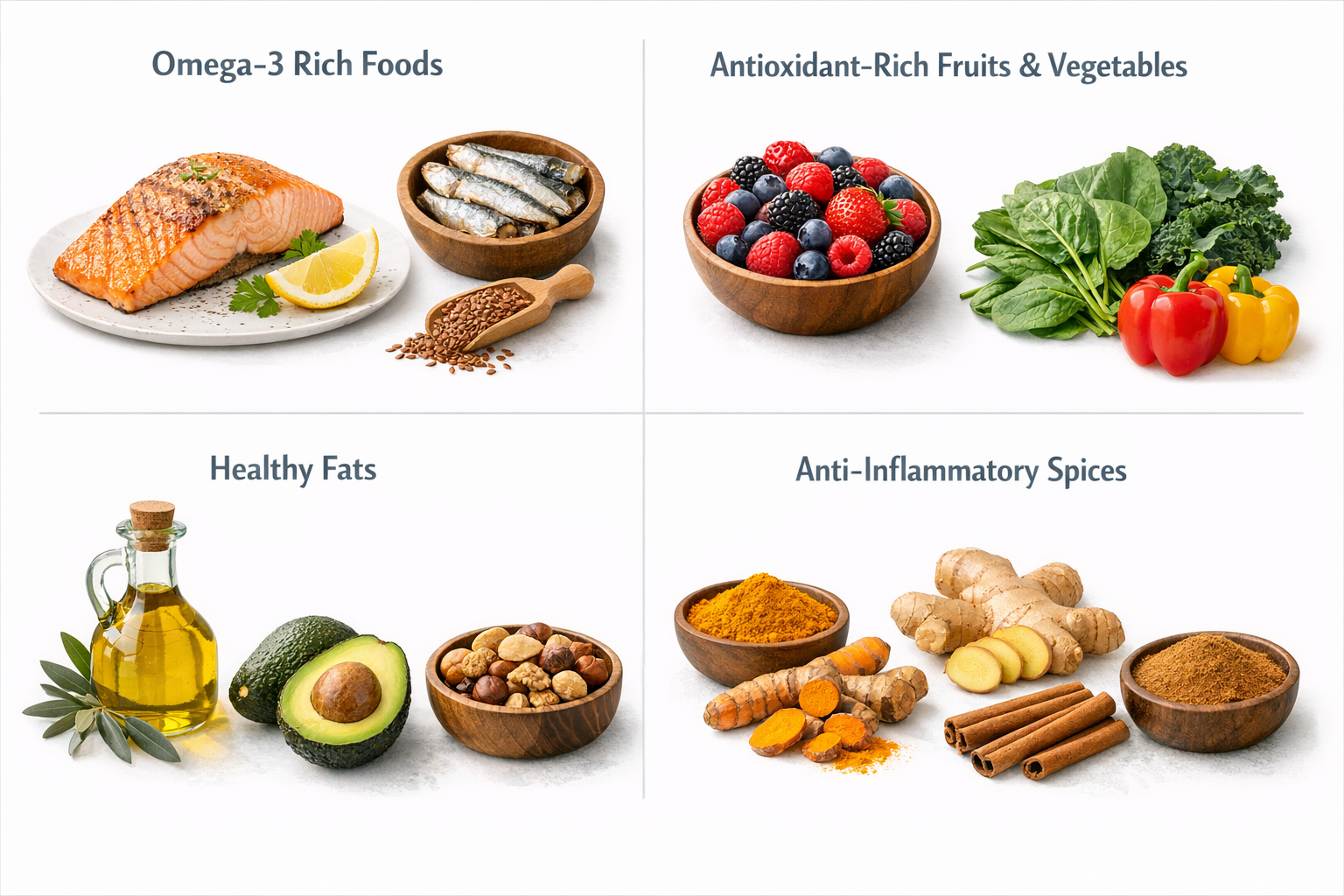 Vizuální průvodce protizánětlivými potravinami uspořádanými podle kategorií: potraviny bohaté na omega-3 (losos, sardinky, lněná semínka), ovoce a zelenina s antioxidanty (bobuloviny, listová zelenina, papriky), zdravé tuky (olivový olej, avokádo, ořechy) a protizánětlivé koření (kurkuma, zázvor, skořice)