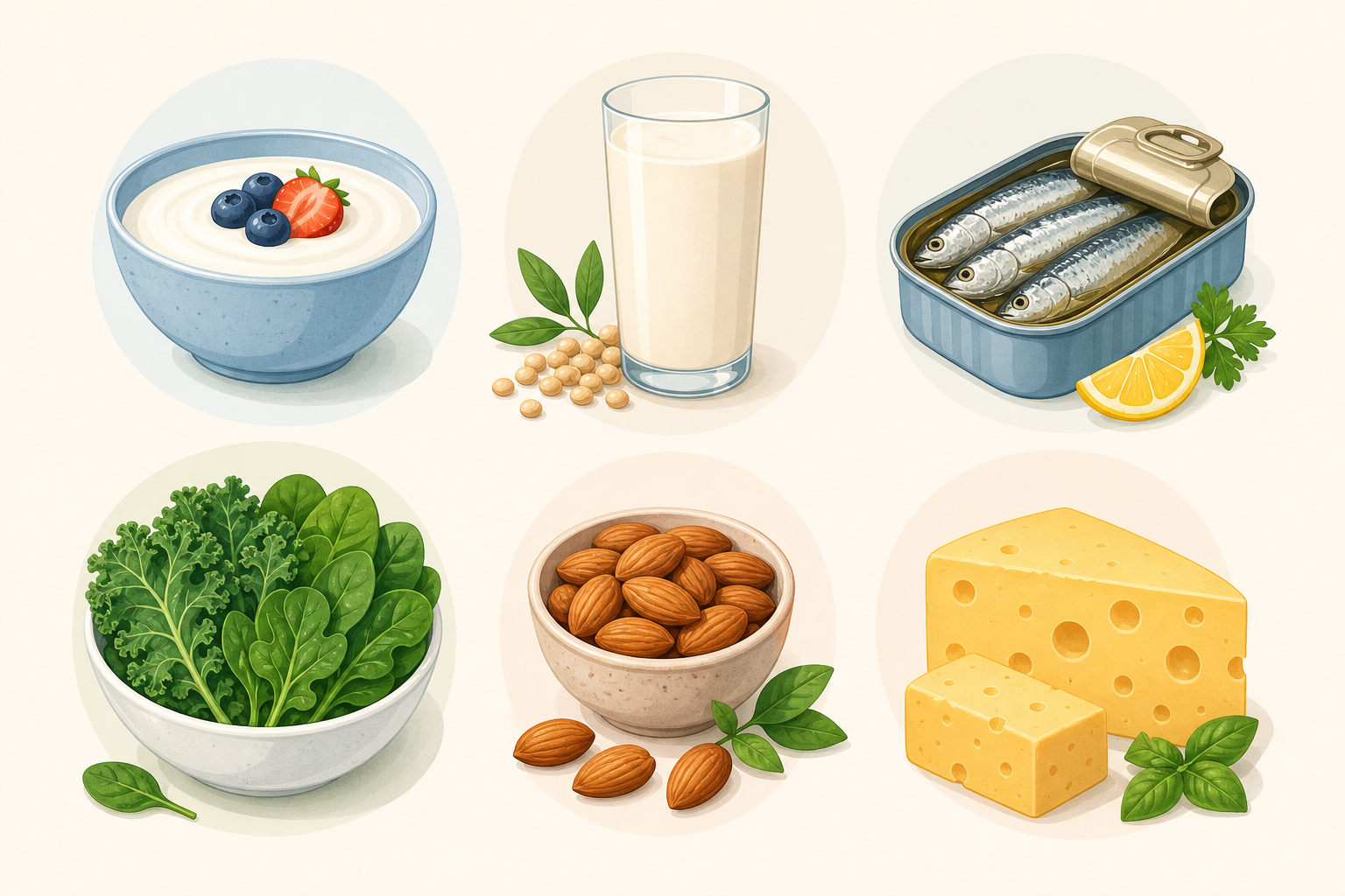 Infografiek met calciumrijke voedingsmiddelen voor botgezondheid tijdens de overgang: yoghurt, verrijkte plantenmelk, sardientjes, bladgroenten, amandelen en kaas
