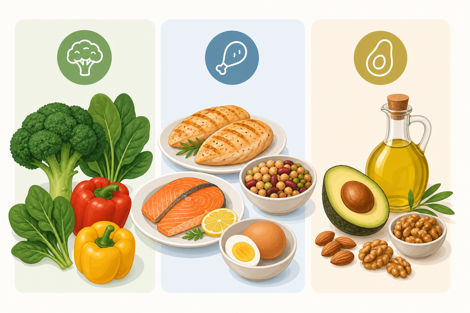 Infográfico mostrando grupos de alimentos recomendados para SOP: vegetais ricos em fibras como brócolis e espinafre, proteínas magras como frango e peixe, e gorduras saudáveis como abacate e azeite