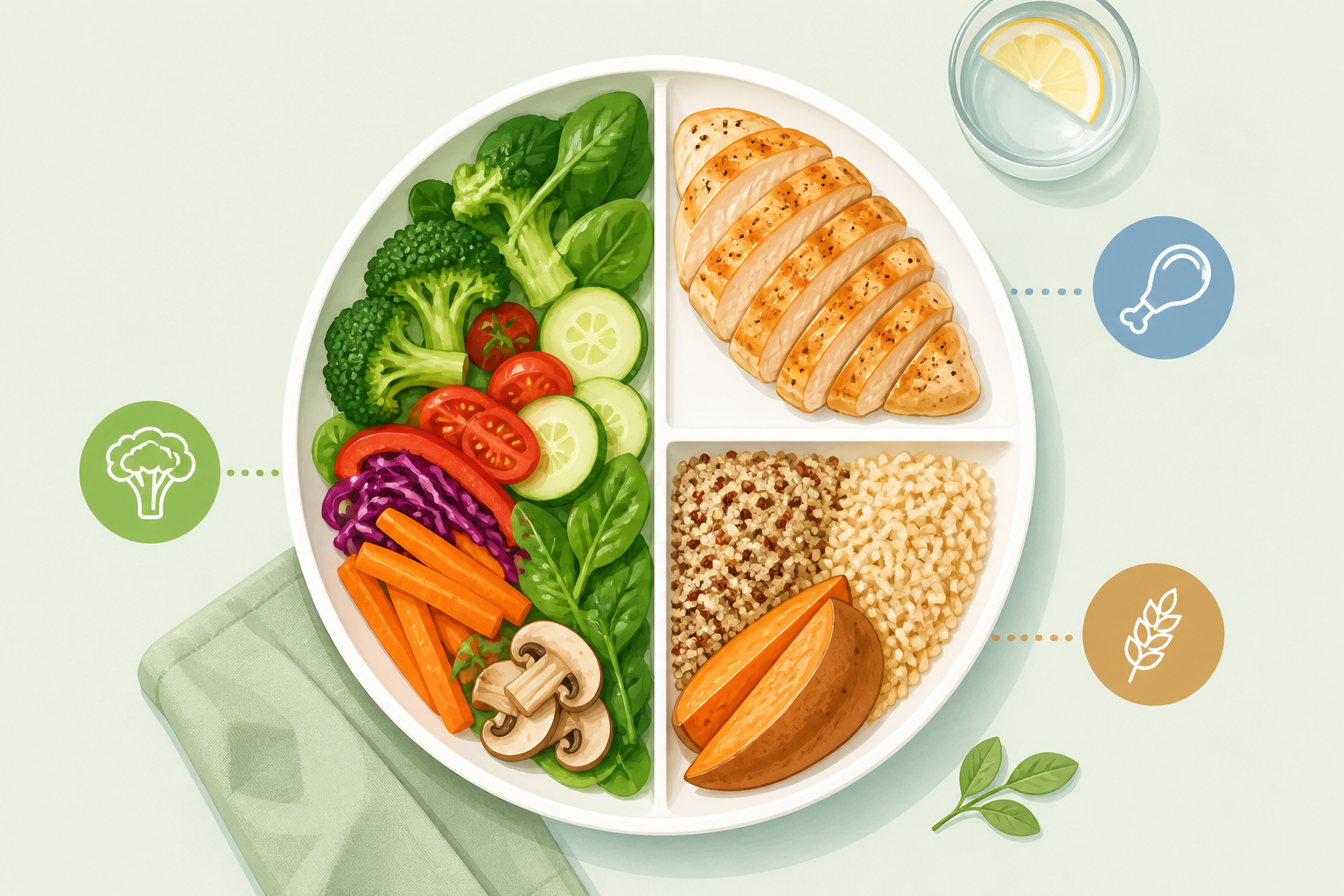 Diagrama de prato balanceado para SOP: metade do prato com vegetais não amiláceos, um quarto com proteína magra e um quarto com carboidratos complexos