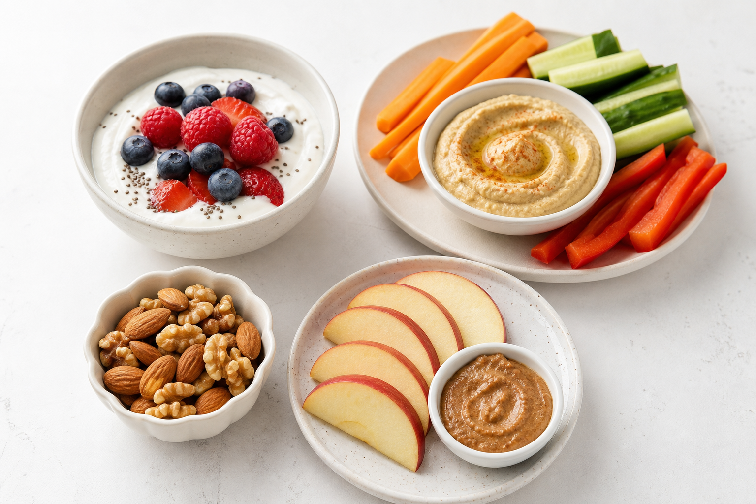 Opções de lanches saudáveis para SOP: iogurte com frutas vermelhas, homus com vegetais, mix de castanhas, maçã com manteiga de amêndoa