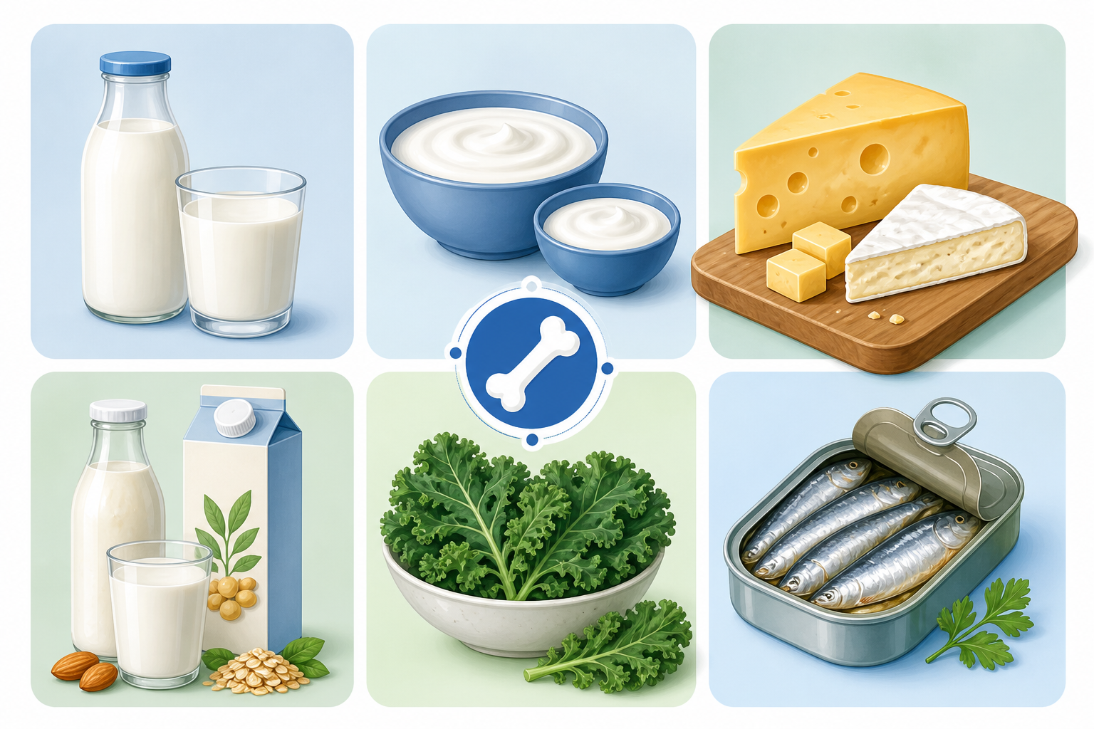 Infográfico com alimentos ricos em cálcio