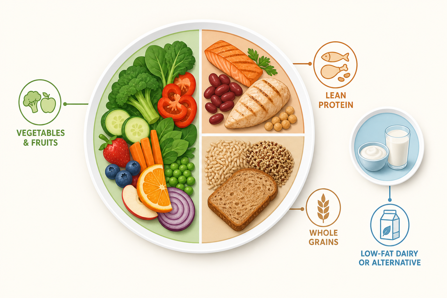 A simple infographic-style illustration showing a dinner plate divided into sections representing the DASH diet approach: half the plate filled with vegetables and fruits, one quarter with lean protein (fish, poultry, or beans), one quarter with whole grains. Include a small circle representing low-fat dairy or alternative on the side. Clean, educational design with a soft color palette of greens, warm browns, and gentle blues. Minimalist style with clear labels. No emojis.