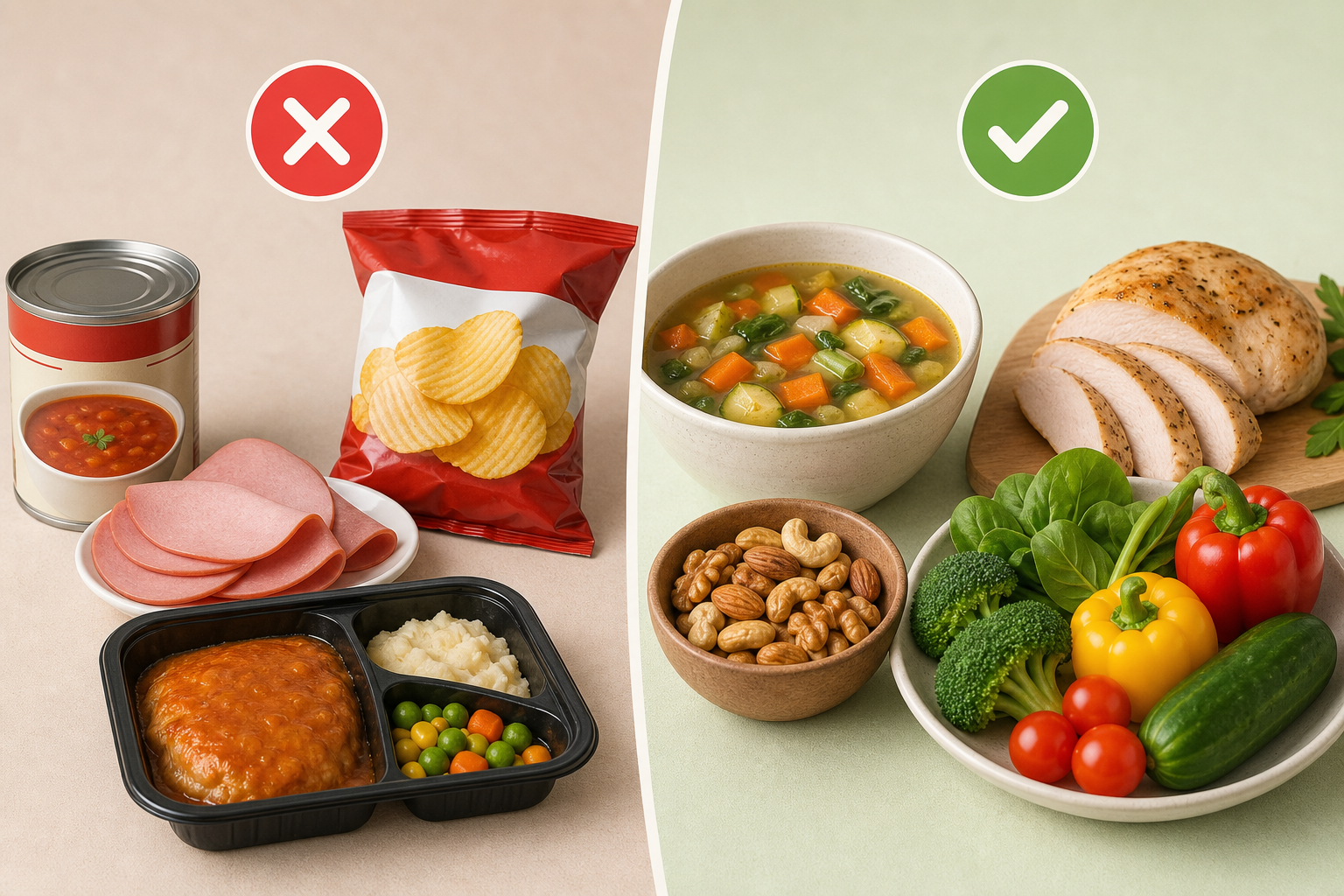 A side-by-side comparison illustration showing high-sodium processed foods on the left (canned soup, processed deli meat, packaged chips, frozen meal) with a red warning indicator, contrasted with fresh whole food alternatives on the right (homemade vegetable soup, fresh poultry, raw nuts, fresh vegetables) with a green checkmark. Educational comparison style with clear visual contrast. Clean, modern design with soft, non-alarming colors.
