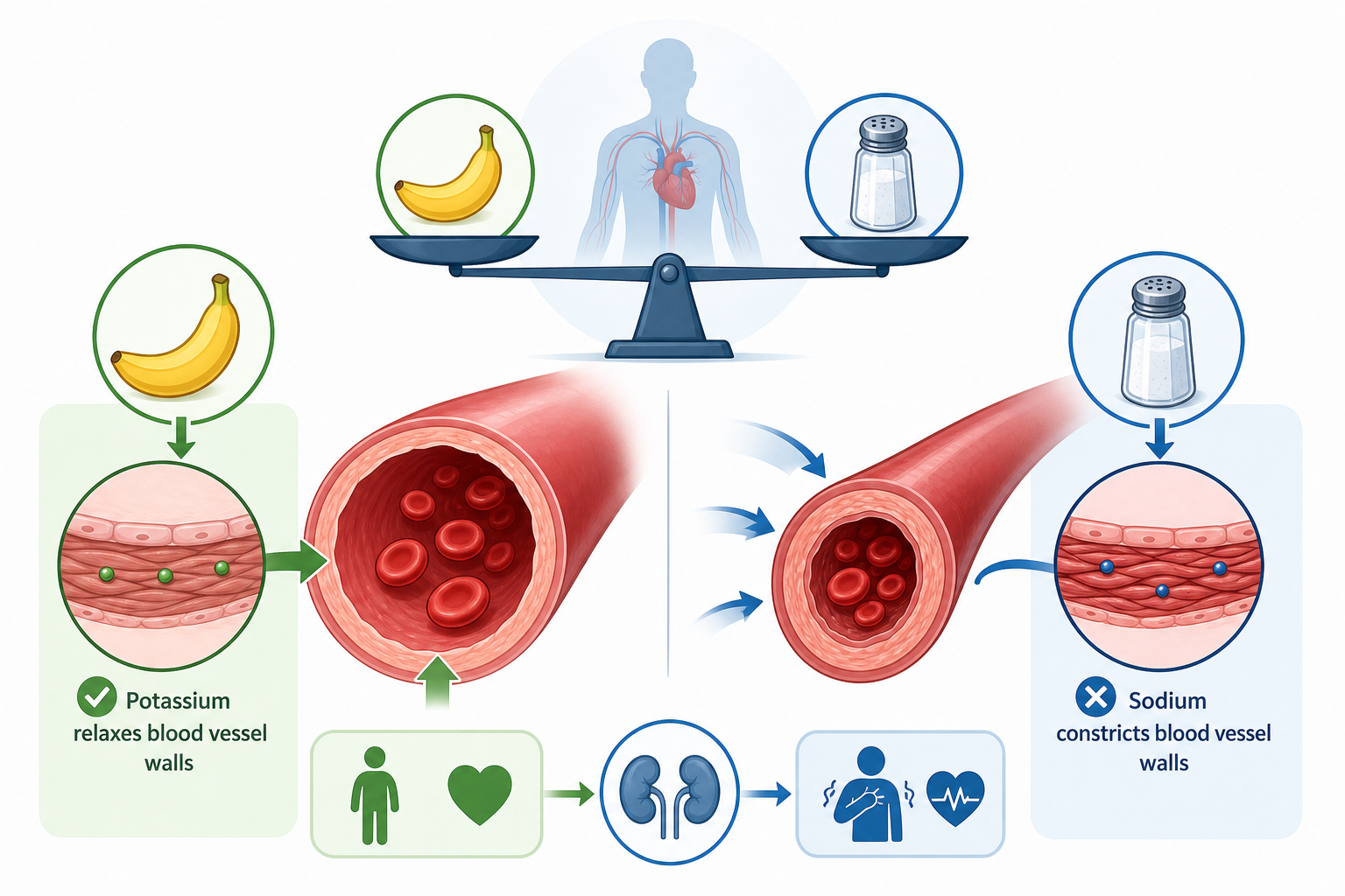 A simple educational diagram showing how potassium helps balance sodium in the body. Include a blood vessel illustration showing relaxed (healthy) versus constricted (unhealthy) states. Use icons representing sodium (salt shaker) and potassium (banana) with arrows showing their opposing effects on blood vessel walls. Clean medical-educational illustration style with calming blue and green tones. Accessible and not overly clinical.