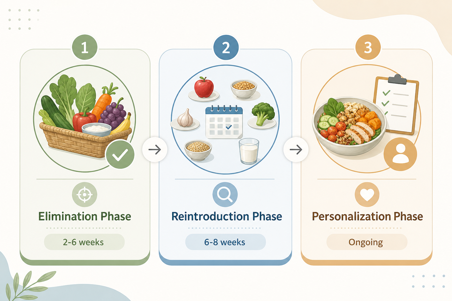 En overskuelig infographic der viser de tre faser af Low FODMAP-diæten: Eliminationsfase (2-6 uger), Genindføringsfase (6-8 uger) og Personaliseringsfase (løbende).