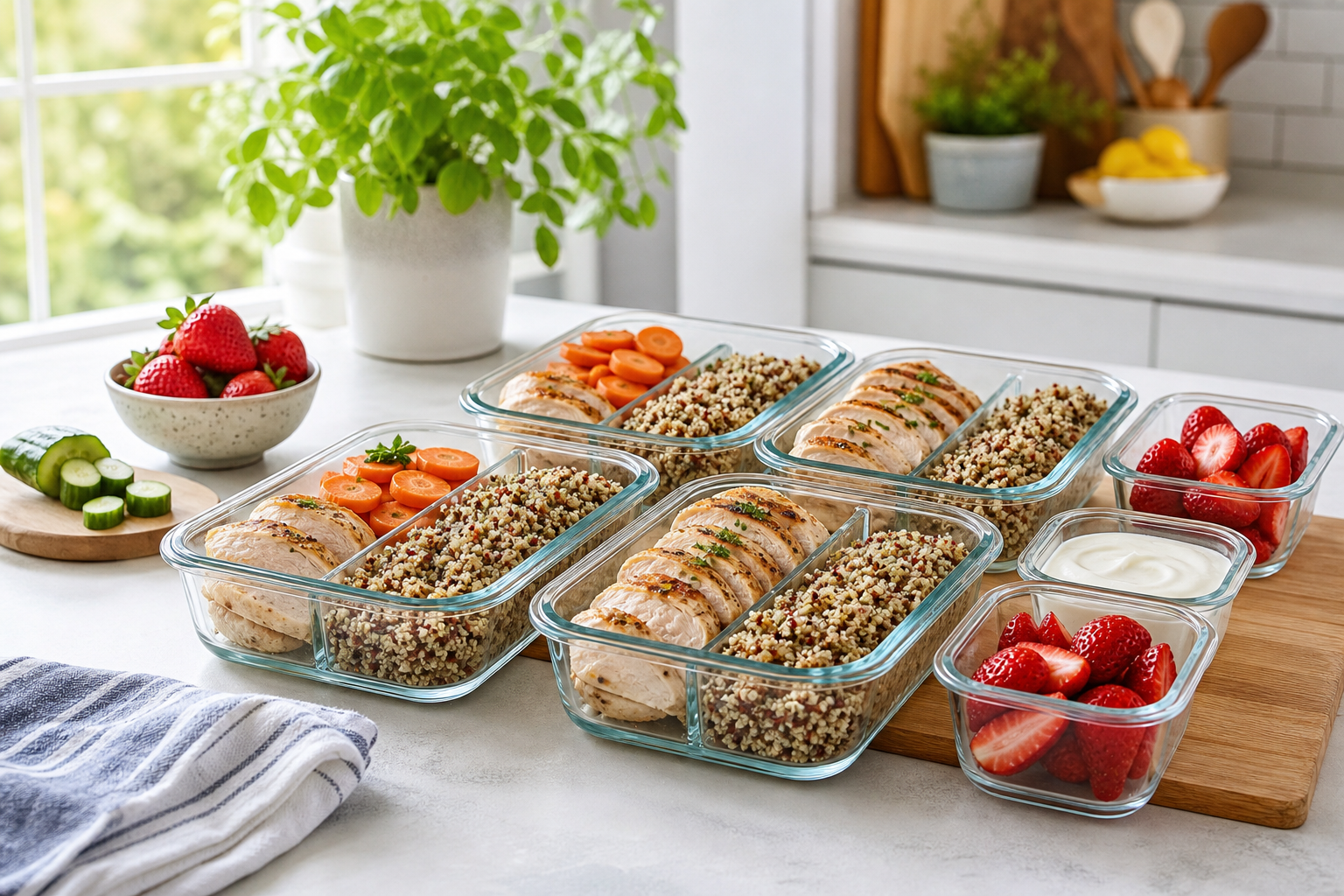 Farfuld illustration af et måltidsprep-opsætning med Low FODMAP-ingredienser i glasbeholdere: grillet kylling, quinoa, dampede gulerødder, jordbær og lactosefri yoghurt.