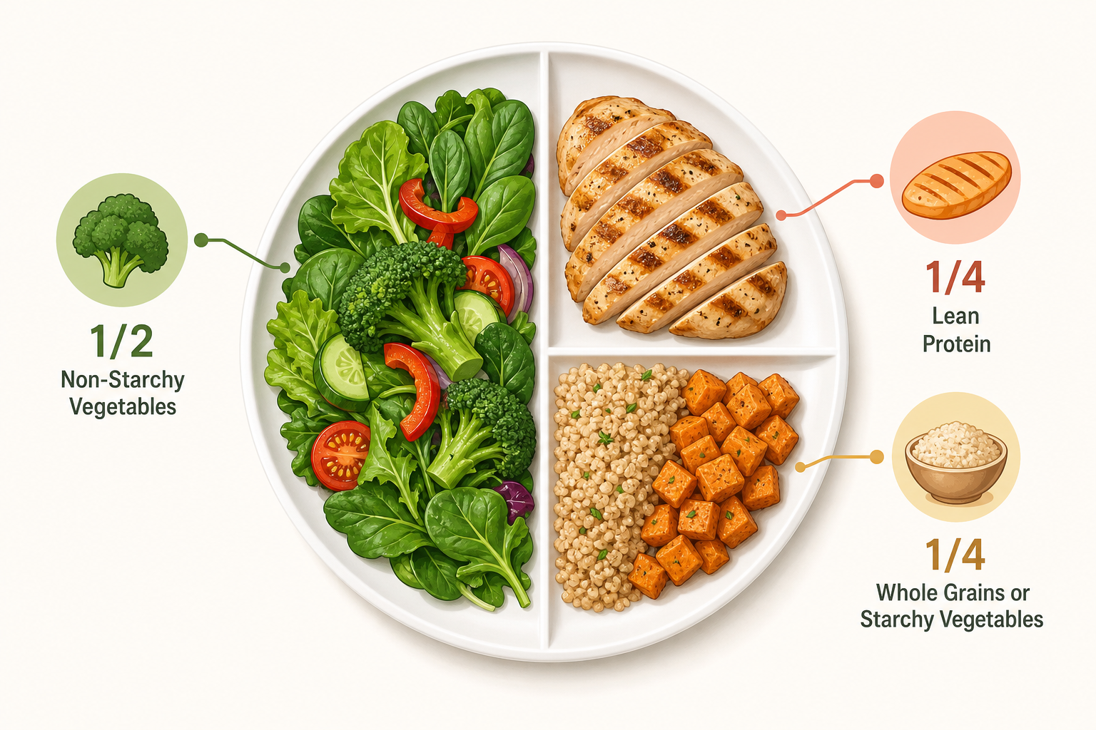 A simple, clear diagram showing the balanced plate method for blood sugar management: half the plate filled with non-starchy vegetables like leafy greens and broccoli, one quarter with lean protein like grilled chicken, and one quarter with whole grains or starchy vegetables. Clean, educational illustration style with soft colors and clear labels.