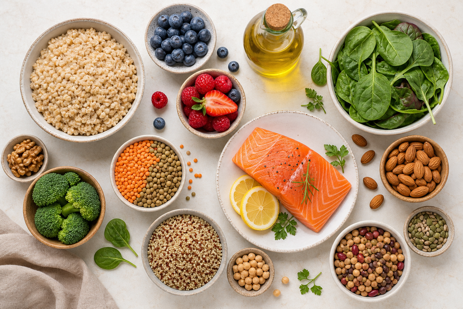 An arrangement of prediabetes-friendly foods including steel-cut oats, fresh berries, almonds, olive oil bottle, leafy greens, salmon fillet, quinoa, and legumes. Styled as a flat lay on a light background, showing variety of whole foods that support healthy blood sugar. Clean, modern aesthetic.