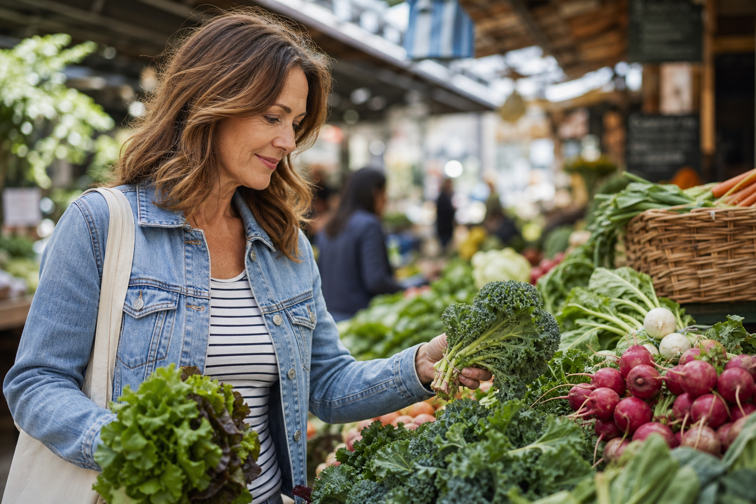 A woman in her 40s or 50s looking at a fresh vegetable selection in a farmer's market or grocery store, appearing engaged and positive. Natural lighting, candid style, showing someone actively making healthy food choices. The image should feel relatable and empowering, not posed or clinical.