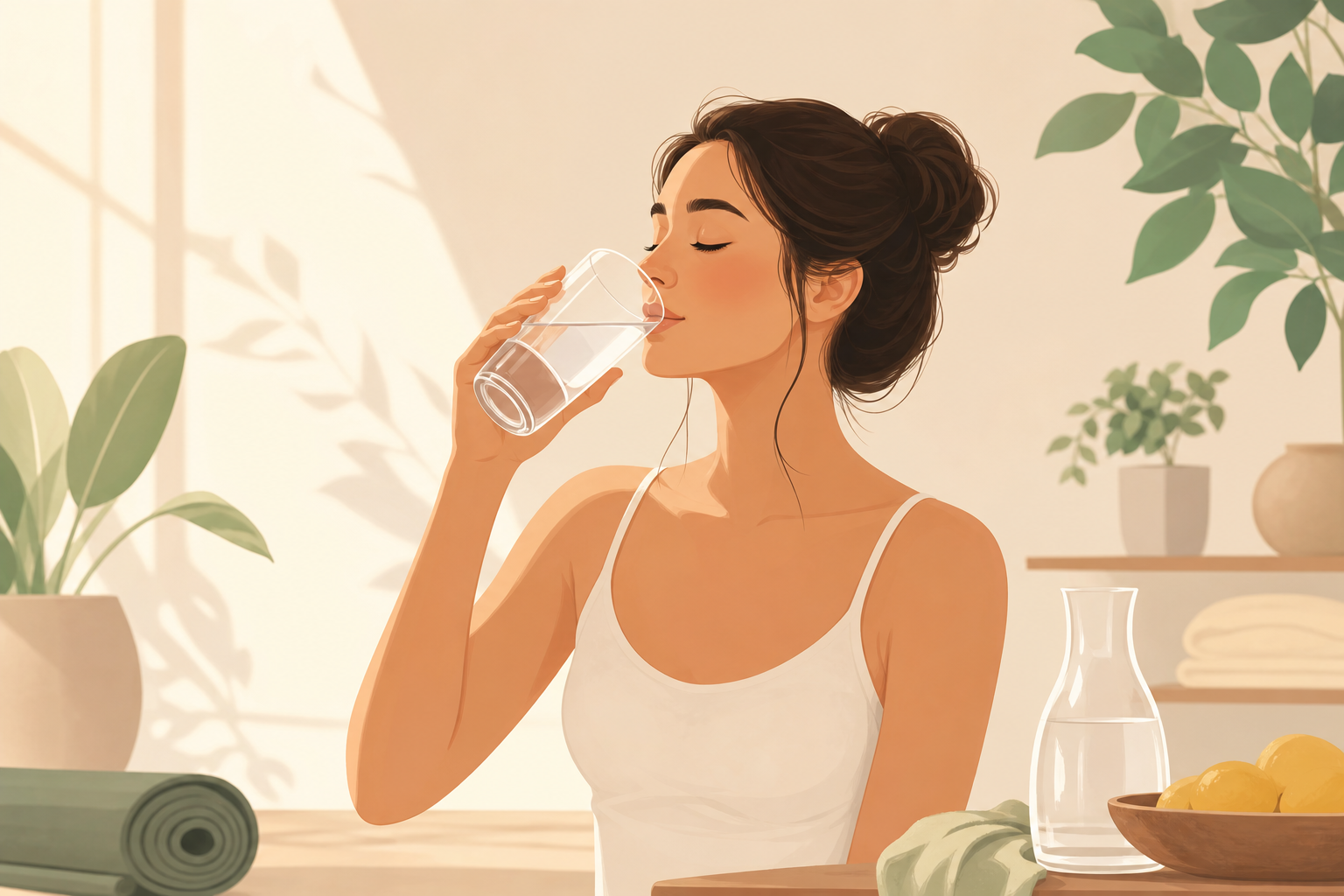 Žena pije vodu z sklenice v uvolněném, wellness prostředí